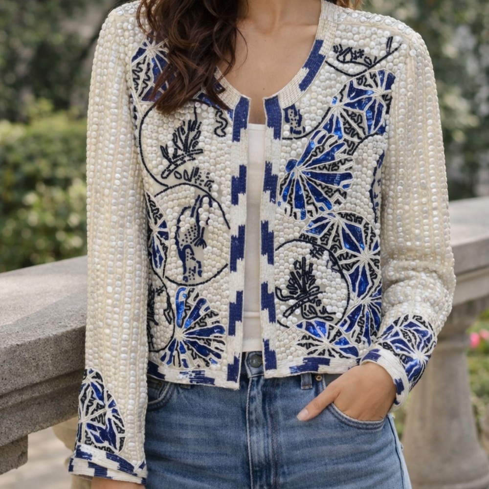La Bellum Hillary Scott Embellished White and Blue Women's blazer